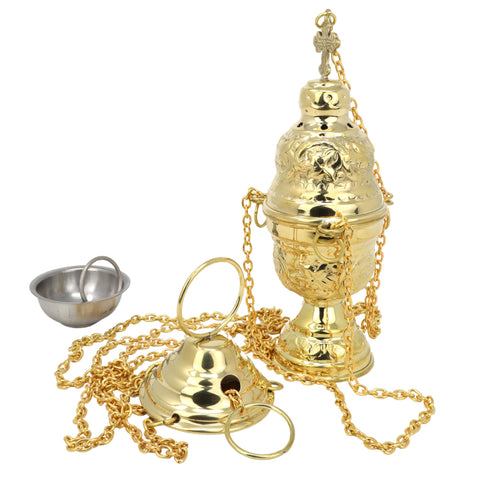Ornate Hanging Brass Censer, Chatholic Church Supplies, 26â€ Chains with 7.5 Inch Body