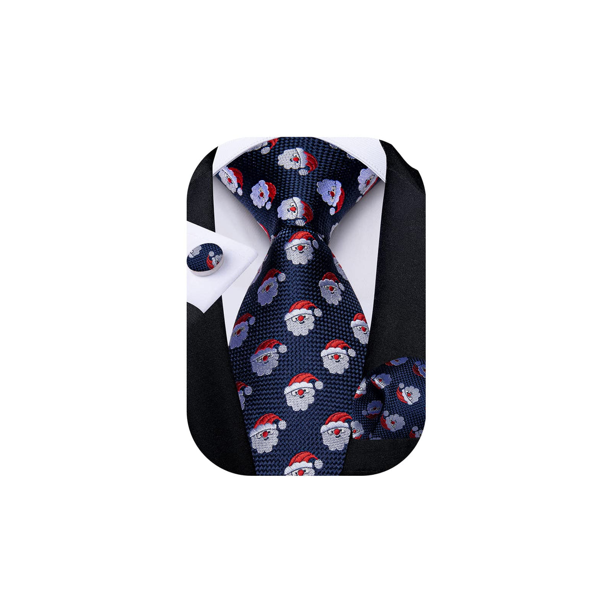 DiBanGu Christmas Ties for Men Navy Blue Silk Necktie Holiday Theme Tie and Pocket Square Set with Cufflinks