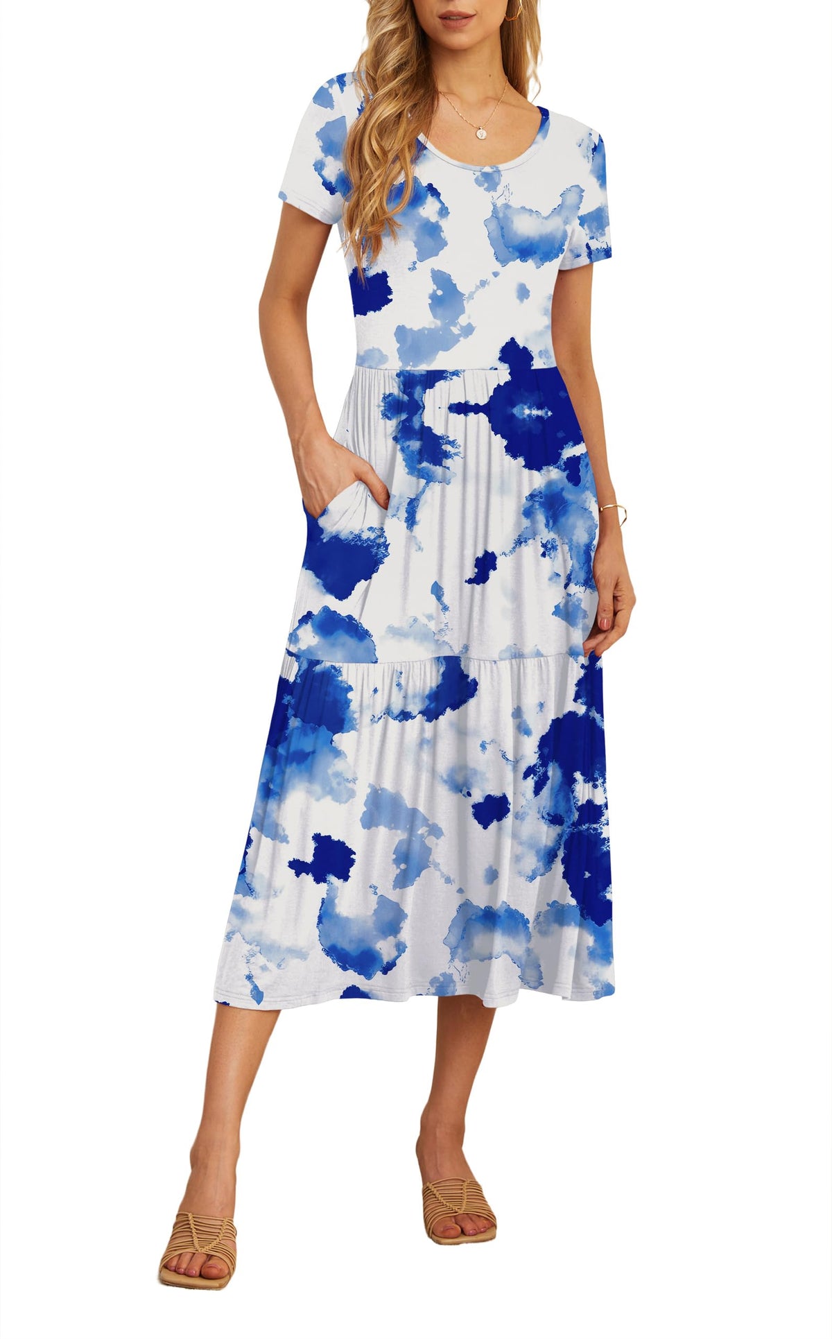 GRECERELLE Dresses for Women Short Sleeve Casual Flowy Summer Beach Tshirts Sundress, White Ink Blue, X-Large