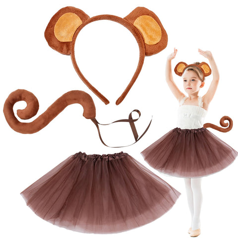 JWTRSVTY 3PCS Monkey Costume, Monkey Costume for Children, Monkey Ears Animal Headbands Monkey Long Tail Tutu, Girls Carnival Animal Costume for Halloween Carnival Cosplay