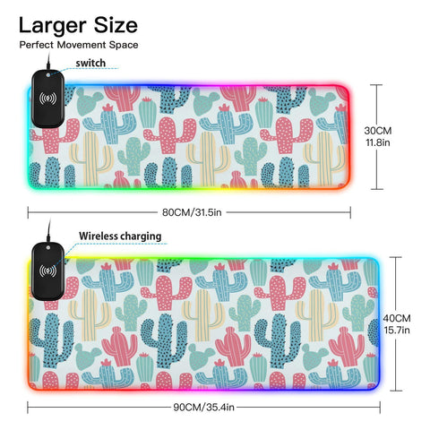 Cute Cactus Wireless Charging Mouse Pad for Mobile Phone Extra Large Gaming Mousepad with 13 Lighting Modes Extended Desk Mat for Office Home Gaming MacBook PC Laptop Desk