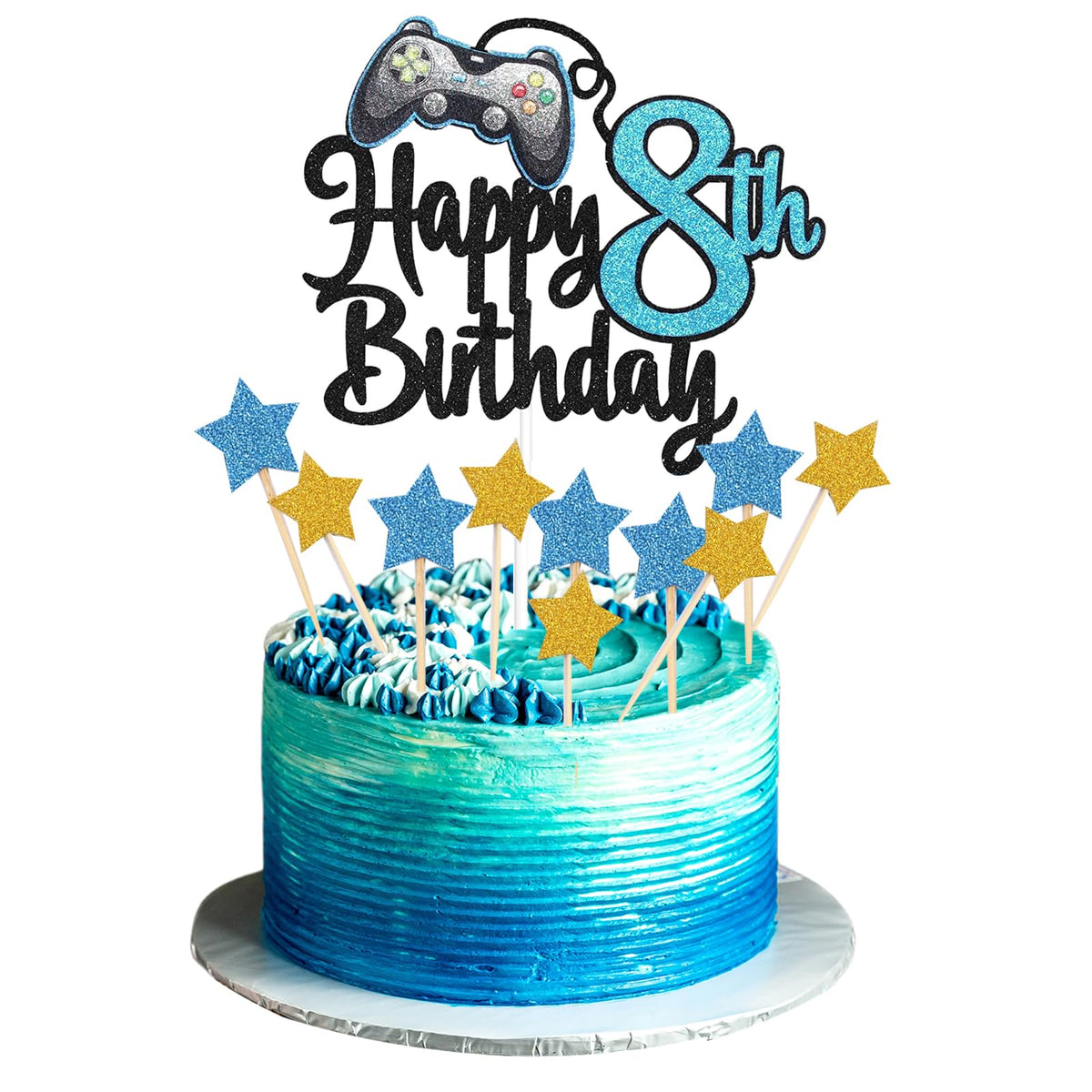 JEKUGOT Happy 8th Birthday Cake Topper, Glitter Video Game Cake Pick Game On Controllers 8 Cheers to 8 Years Cake Decoration, 8th Cake Topper (Blue)