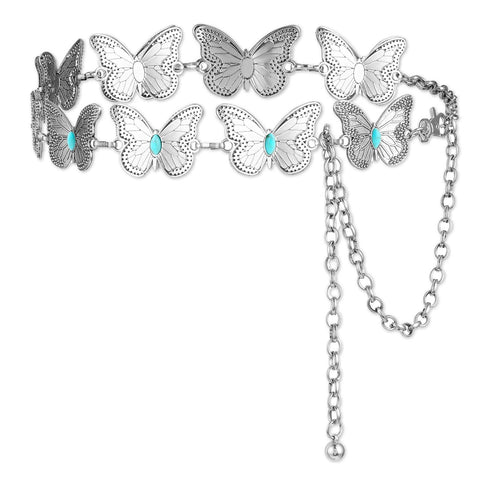 Waist Chain Belt, Silver Butterfly Chain Belt Adjustable Turquoise Chain Belts Metal Chunky Link Belt Womens Western Cowgirl Belt Boho Butterfly Concho Waist Chain Belts for Woman Girls Dresses Jeans