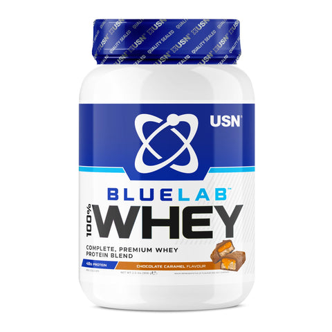 USN Blue Lab Whey Protein Powder, Chocolate Caramel Flavour - 908g, Premium Whey Isolate Protein Dietary Supplement, Post Workout Lean Muscle Growth BCAA Amino Acids Powder, Protein Shake Drink Mix
