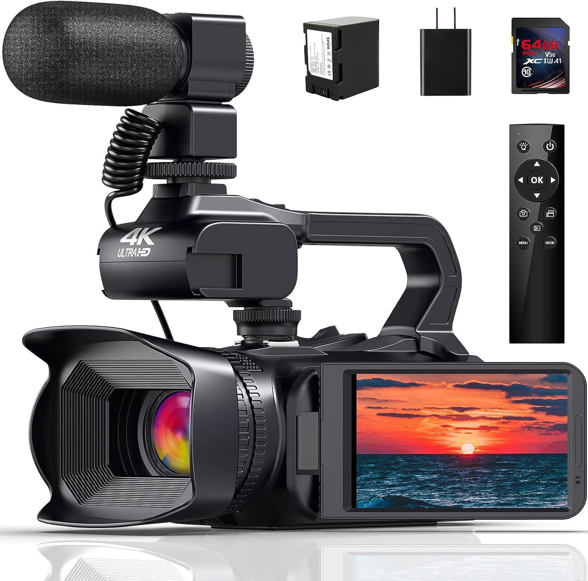 MERVNE 4K Video Camera Camcorder, 64MP 60FPS 18X Digital Zoom Auto Focus Vlogging Camera for YouTube, HD WiFi Video Camera with 4500mAh Battery, SD Card, Stabilizer, Mic, Remote Control and Charger