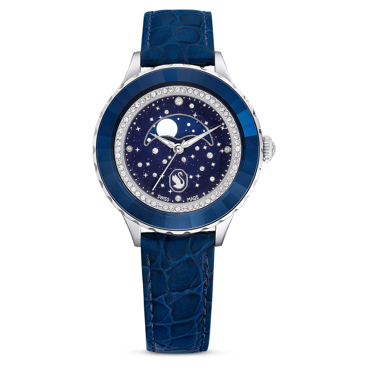 Swarovski Octea Moon Watch, Swiss Made, Moon, Leather Strap, Blue, Blue Finish