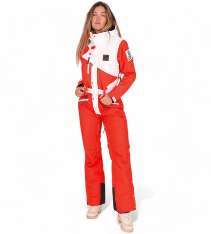 OOSC Stardust Womens Ski Suit, Size L | Red and White Retro Ski Suit | Waterproof 10,000mm, Breathable 10,000gm, Insulated 80g Synthetic | Womens Snow Suit Made of Recycled Polyester
