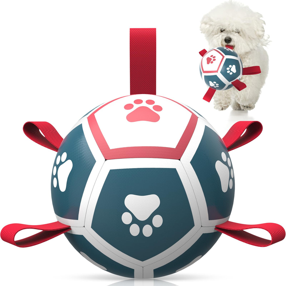 QDAN Dog Toys Soccer Ball with Straps, Outdoor Interactive Dog Toys for Tug of War, Puppy Birthday Gifts, Dog Tug Toy, Dog Water Toy, Durable Dog Balls for Small Dogs - Blue&Red?5 Inch?