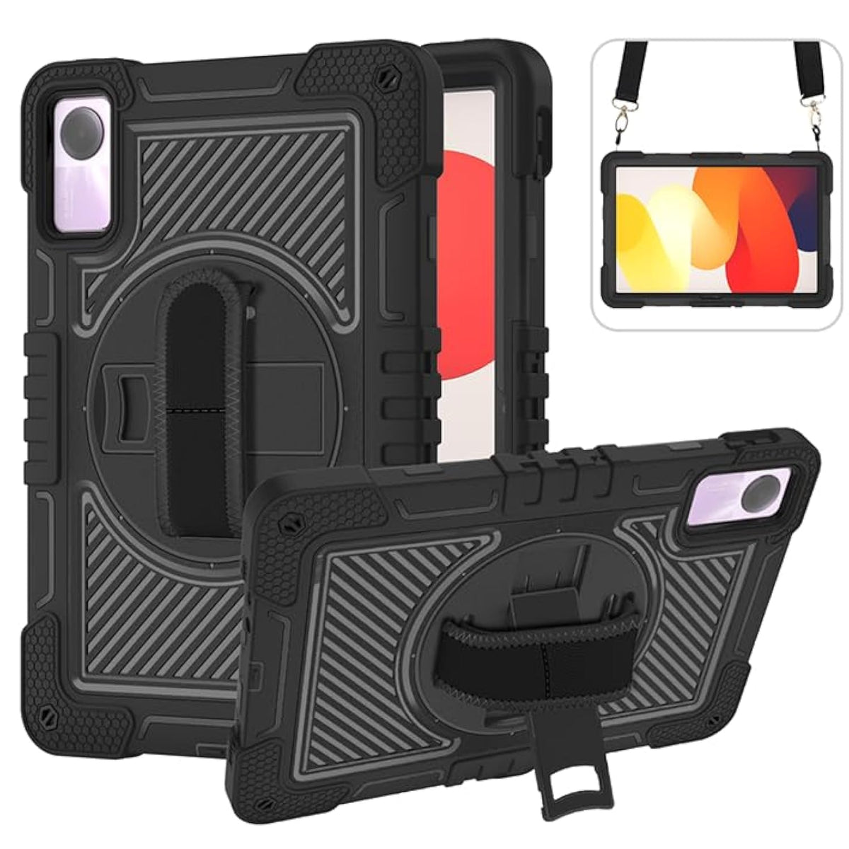 Tablet Case for Xiaomi Redmi Pad SE 11 Inch (2023) Heavy Duty Rugged Case, Three-Layer Shockproof, 360 Degree Rotation Kickstand, with Hand Shoulder Strap, Full Black