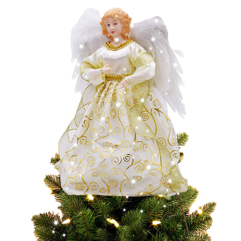 Angel Christmas Tree Topper, Christmas Angel Treetop Figurine, Indoor Christmas Decoration with Feather Wings, 12.6in