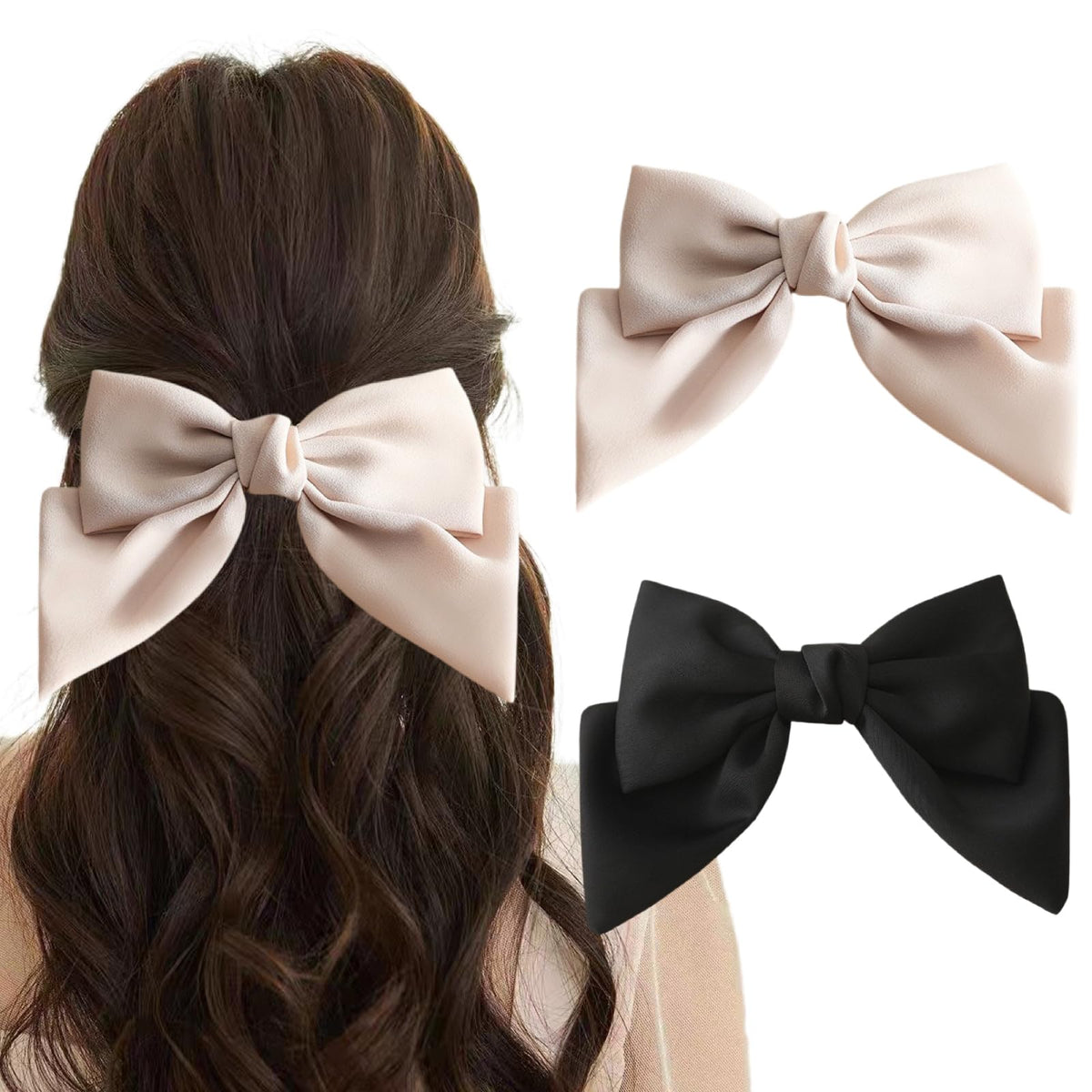 Ypkia 2 Pcs Hair Bows Clip Women's Hair Barrette With Satin Bow Hair Clip Hair Accessories For Women Girls (Black, Beige)