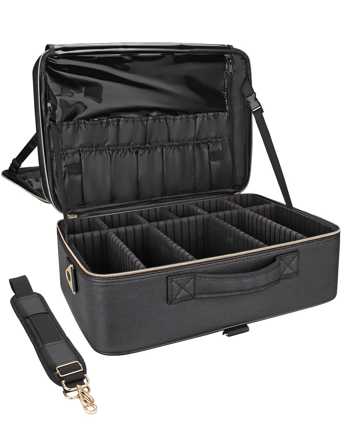 Relavel Extra Large Makeup Bag Leather Travel Makeup Train Bag Professional Makeup Artist Bag Portable Nail Organiser Box Cosmetic Case with Adjustable Dividers Attaches to Trolley, black, Extra Large