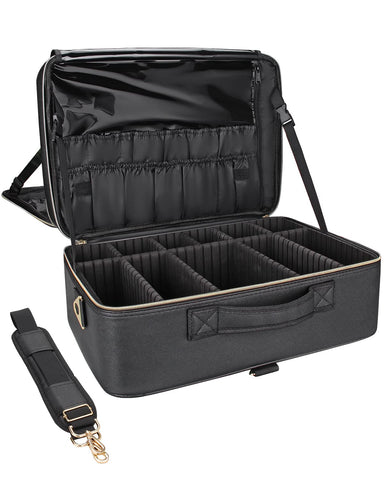 Relavel Extra Large Makeup Bag Leather Travel Makeup Train Bag Professional Makeup Artist Bag Portable Nail Organiser Box Cosmetic Case with Adjustable Dividers Attaches to Trolley, black, Extra Large