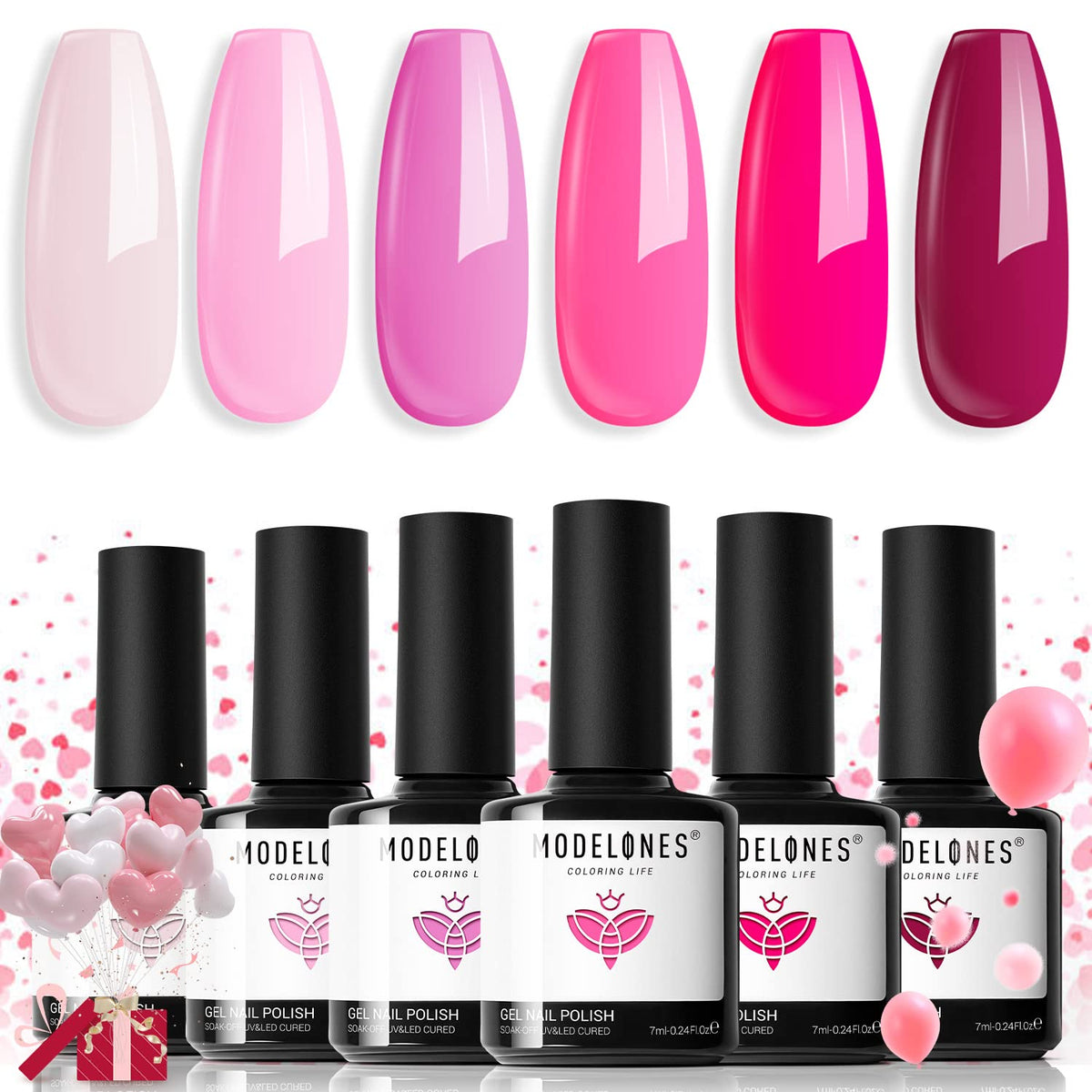 modelones Pink Gel Nail Polish Set 6 Colors, Hot Pink Tones Neon Pink Shades Magenta Sakura Light Soft to Dark Nail Art Design for Women Girls Salon DIY Home Manicure Kit Mothers Day Nails Gift