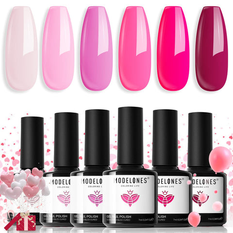 modelones Pink Gel Nail Polish Set 6 Colors, Hot Pink Tones Neon Pink Shades Magenta Sakura Light Soft to Dark Nail Art Design for Women Girls Salon DIY Home Manicure Kit Mothers Day Nails Gift
