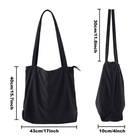 ZhengYue Corduroy Tote Bag for Women Large Shoulder Bag with Zipper and Pockets for College School Work Travel Shopping Daily Use Black