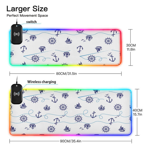 Anchor Steering Wireless Charging Mouse Pad for Mobile Phone Extra Large Gaming Mousepad with 13 Lighting Modes Extended Desk Mat for MacBook PC Laptop Desk Office Home Gaming