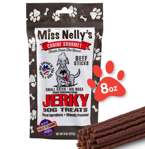 Miss Nelly's- All Natural Beef Jerky for Dogs Made in USA Only-Dog Jerky Treats for Dogs Original Smoke House Recipe-Minimally Processed Soft Sticks Jerky Dog Treats - 8 oz. Bag.