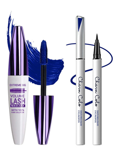 Waterproof Blue Mascara and Eyeliner Pen Set, Smudge-Proof Long-Lasting 4D Colored Mascara Liquid Eyeliner Pencil,Highly Pigmented Lengthening Curling Voluminous Mascara,Colorful Eye Makeup for Women