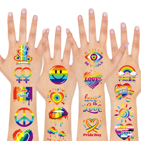 HOWAF 96pcs Gay Pride Temporary Tattoos, Pride Day Party Decorations Face Tattoos, LGBT Fake Tattoos Stickers for Rainbow Party Pride Month Parades and Celebrations Decorations, Love is Love Temporary Tattoos for Adults
