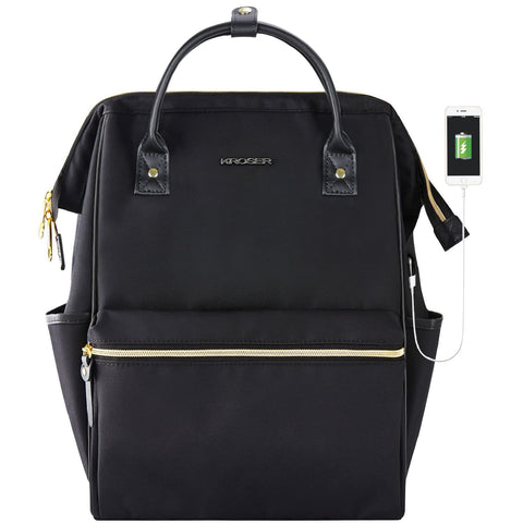KROSER Laptop Backpack 15.6 Inch Computer Rucksack Water Repellent Wide Open College Travel Business Work Bag with USB Port for Men/Women-Black
