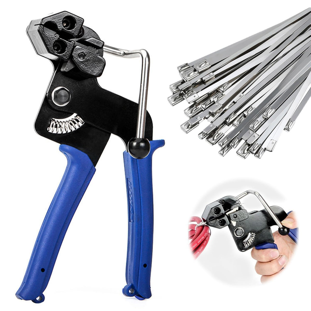 Metal Cable Tie Gun Kit, Metal Cable Tie Pliers, Tightening Tool, Metal Hose Clamps with 200 Self-Locking 304 Stainless Steel Cable Ties