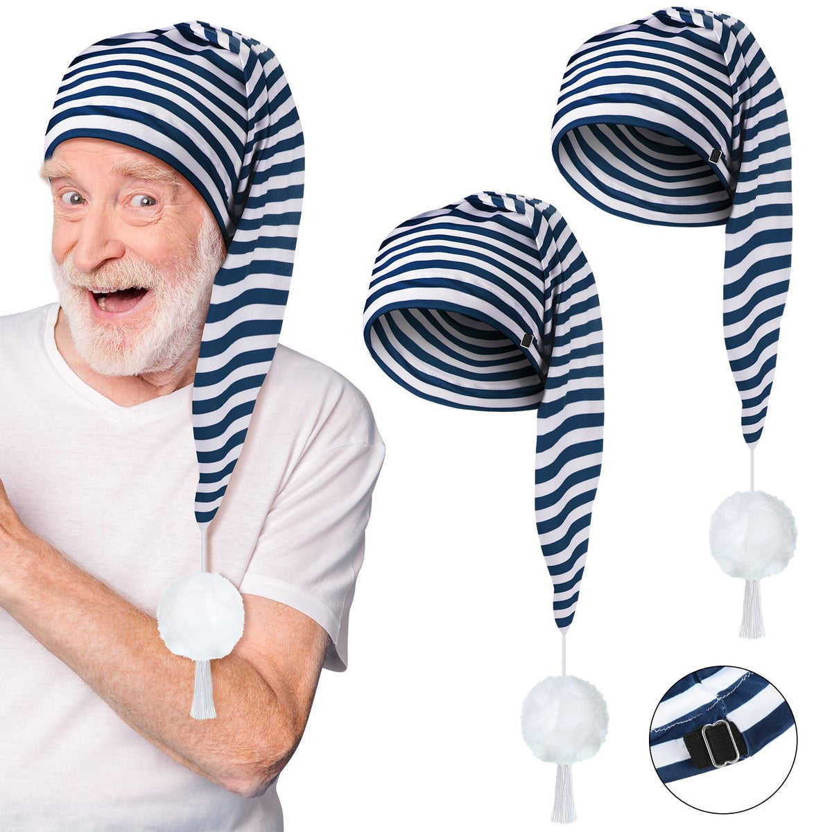 2 Pcs Men's Night Cap Striped Pajama Hat Adjustable Sleeping Caps with Pom Ball for Party Supplies (Navy Blue and White)