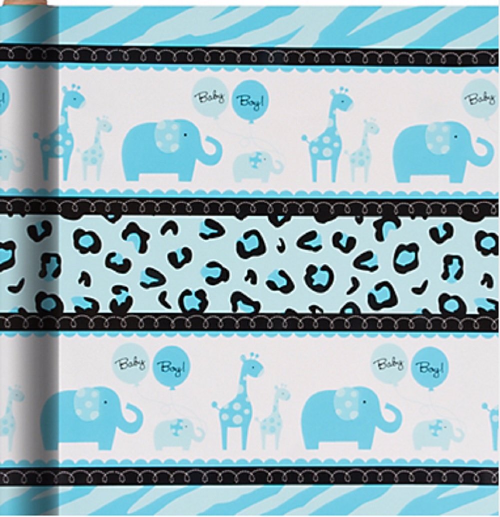 amscan Sweet Safari Boy Printed Baby Shower Party Gift Wrap with Hangtag,5' x 30'. Blue/White