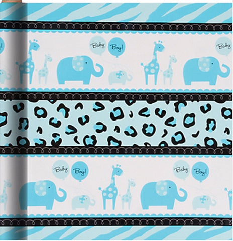 amscan Sweet Safari Boy Printed Baby Shower Party Gift Wrap with Hangtag,5' x 30'. Blue/White