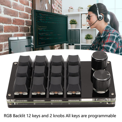 VBESTLIFE One Handed Macro Mechanical Keyboard, 12Keys USB Programmable Keyboard with 2 Knob, RGB Multifunctional Mechanical Gaming Keypad, Blue Switch