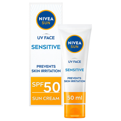 NIVEA Sun UV Face Sensitive SPF 50 Cream (50ml), Sunscreen Protects Against UVA/UVB Rays and Premature Skin Ageing, Sun Cream for Sensitive Facial Skin