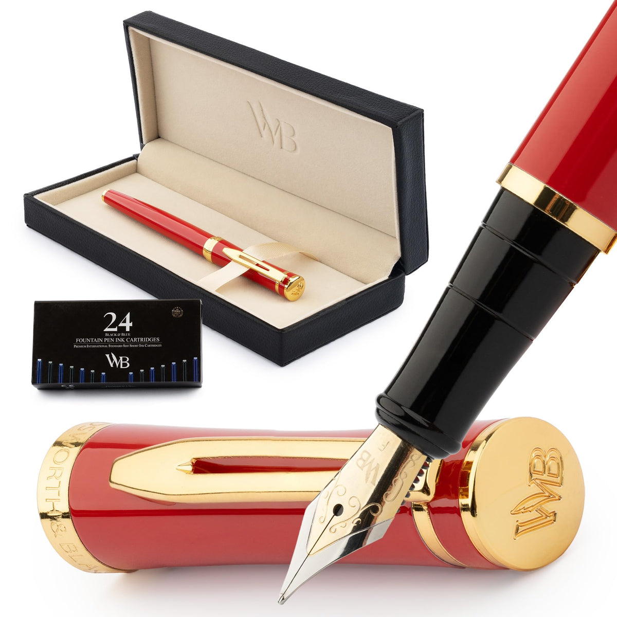 Wordsworth & Black Fountain Pen Set, 18K Gilded Fine Nib, Includes 24 Pack Ink Cartridges, Ink Refill Converter & Gift Box, Gold Finish, Calligraphy, [Crimson Red], Perfect for Men & Women