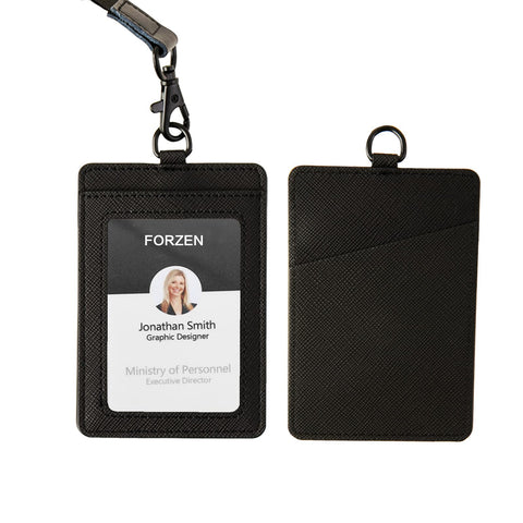 Badge Holders,Leather ID Badge Holder,Vertical Leather ID Badge Card Holder with 1 Clear ID Window & 2 Elastic Credit Card Slot and 1 Detachable Neck Lanyard for Offices ID,School ID (Black)