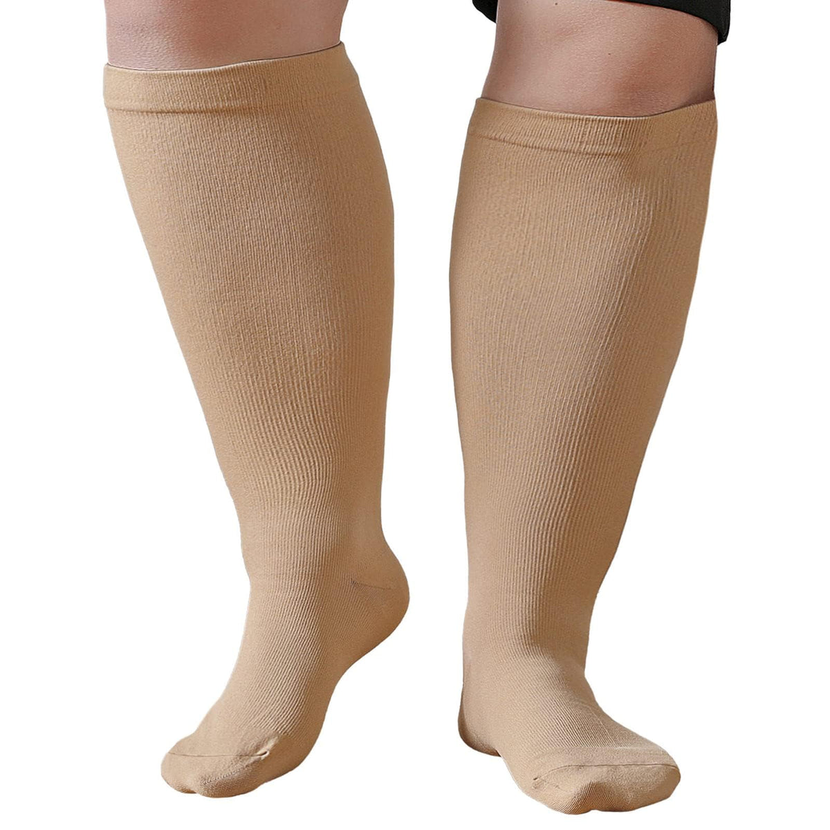ZFSOCK Plus Size Compression Socks: Men Women Wide Calf Medical Support Stockings Flight Socks for Varicose Vein Knee High Pressure Socks Swollen Legs Nurses Travel Running Sports Beige 4XL 1 Pair