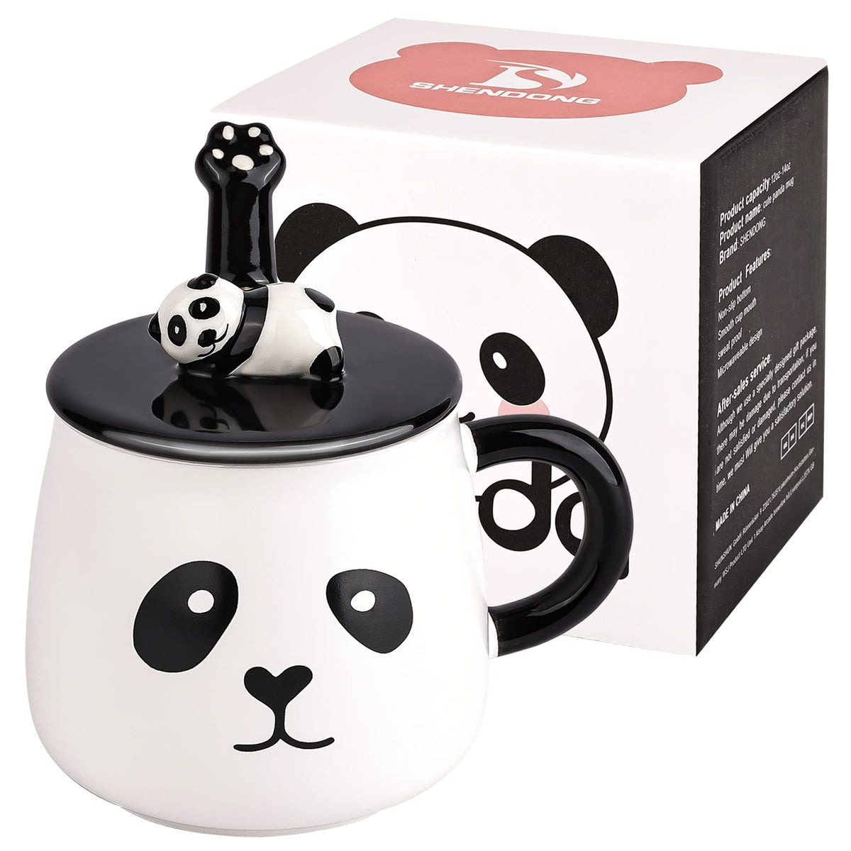 SHENDONG Panda Mug Cute Ceramic Coffee Mug with 3D Panda Kawaii Lid and Lovely Stainless Steel Spoon 3D Panda Coffee Mug Cup Novelty Mug Gifts for Panda Lovers Women Friends Kids Girls Wife Mom