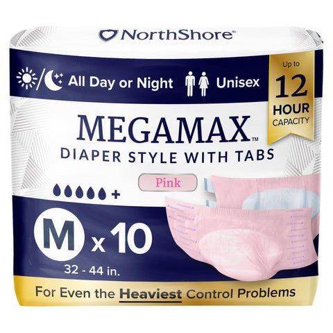 NorthShore MegaMax Adult Overnight Diapers, 12-Hour Tab-Style, Medium, 10 Count Bag, Pink, 32-44 inches, Unisex Incontinence Underwear