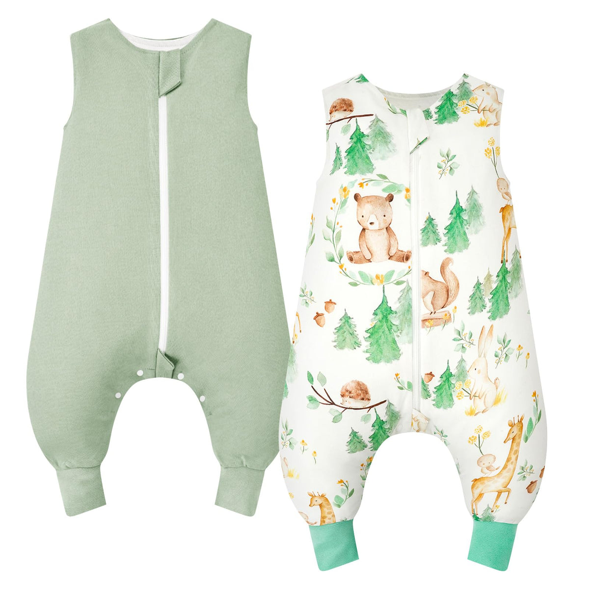 JiAmy 2 Pack Baby Sleeping Bag with Feet 1.0 Tog 100% Cotton Toddler Boys Girls Sleeveless Sleep Sack with Legs for All Seasons 6-18 Months Green Forests