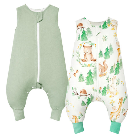 JiAmy 2 Pack Baby Sleeping Bag with Feet 1.0 Tog 100% Cotton Toddler Boys Girls Sleeveless Sleep Sack with Legs for All Seasons 6-18 Months Green Forests