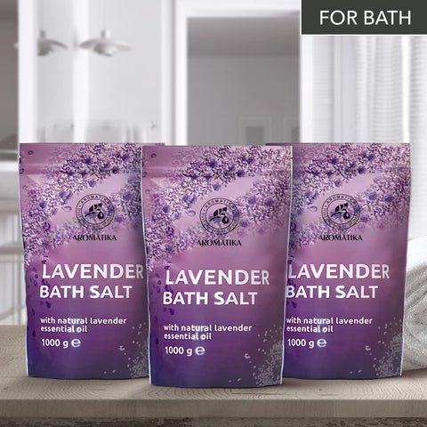 Bath Sea Salt Lavender - set 3x1000g (zipper) with Natural Lavender Essential Oil - Lavender Bath Salts - Best for Good Sleep - Stress Relief - Beauty - Relaxing - Bathing - Body Care - Wellness - Spa