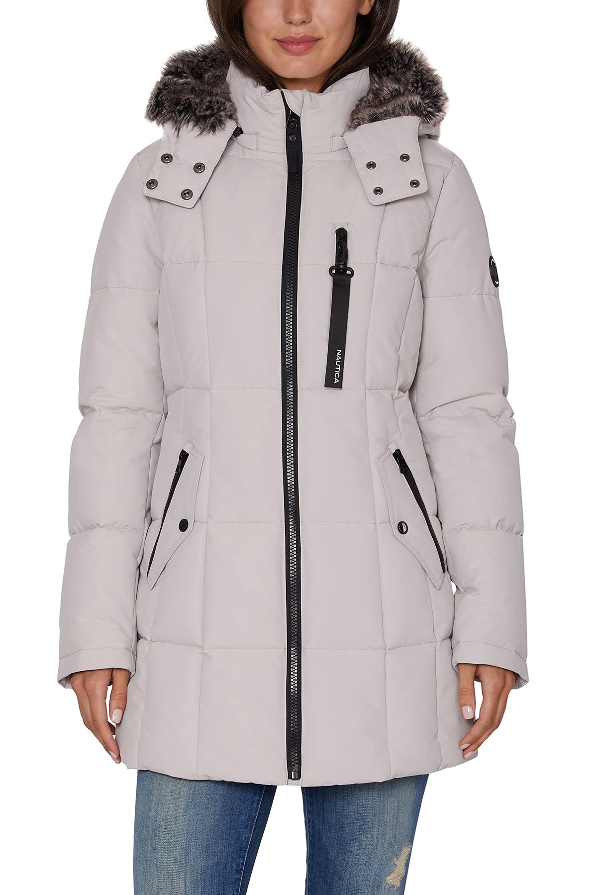 Nautica Women's Heavyweight Puffer Jacket with Faux Fur Lined Hood, Limestone, X-Large
