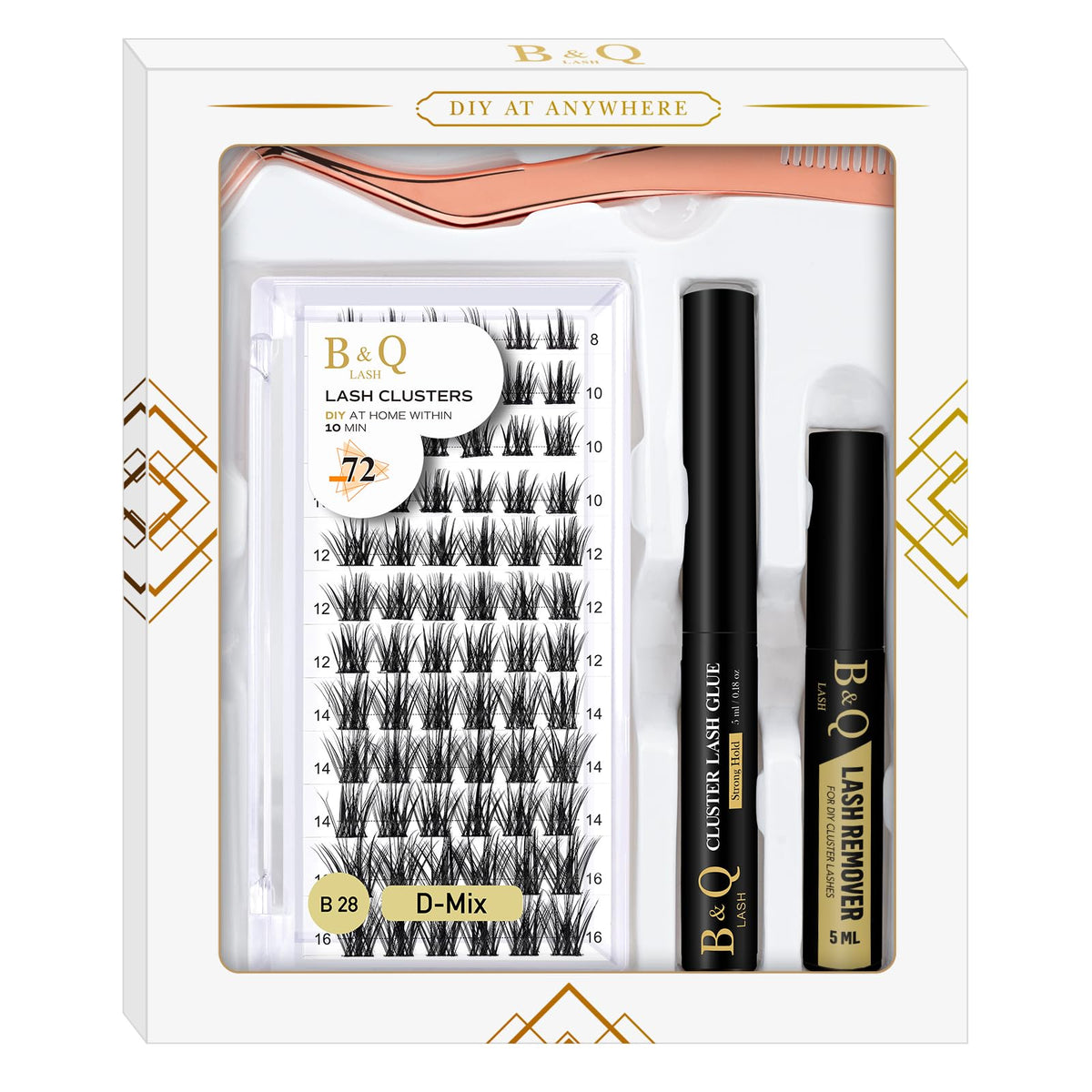 DIY Lash Extension Kit B28 Lash Cluster B&Q DIY Eyelash Extension Kit Individual Lashes Eyelash Clusters with Mascara Brush Eyelash Glue Remover Lash Applicators for DIY Eyelashes Extensions (Kit,B28)