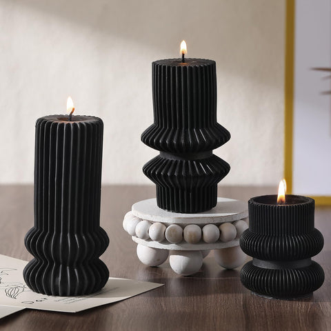MTLEE 3 Pcs Small Ribbed Pillar Candles Scented Pillar Candle Tall Pillar Candle Soy Wax Aesthetic Candle 4.7, 4.2, 3.2 in Height Modern Geometric Home Decor for Bathroom Living Room(Black)
