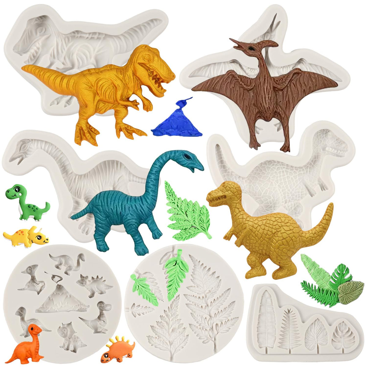 FCKEMLDS Dinosaur Silicone Molds Tropical Leaf Fondant Mold Fern Leaves Candy Mold For Cupcake Topper Cake Decorating Chocolate Candy Polymer Clay Set Of 7