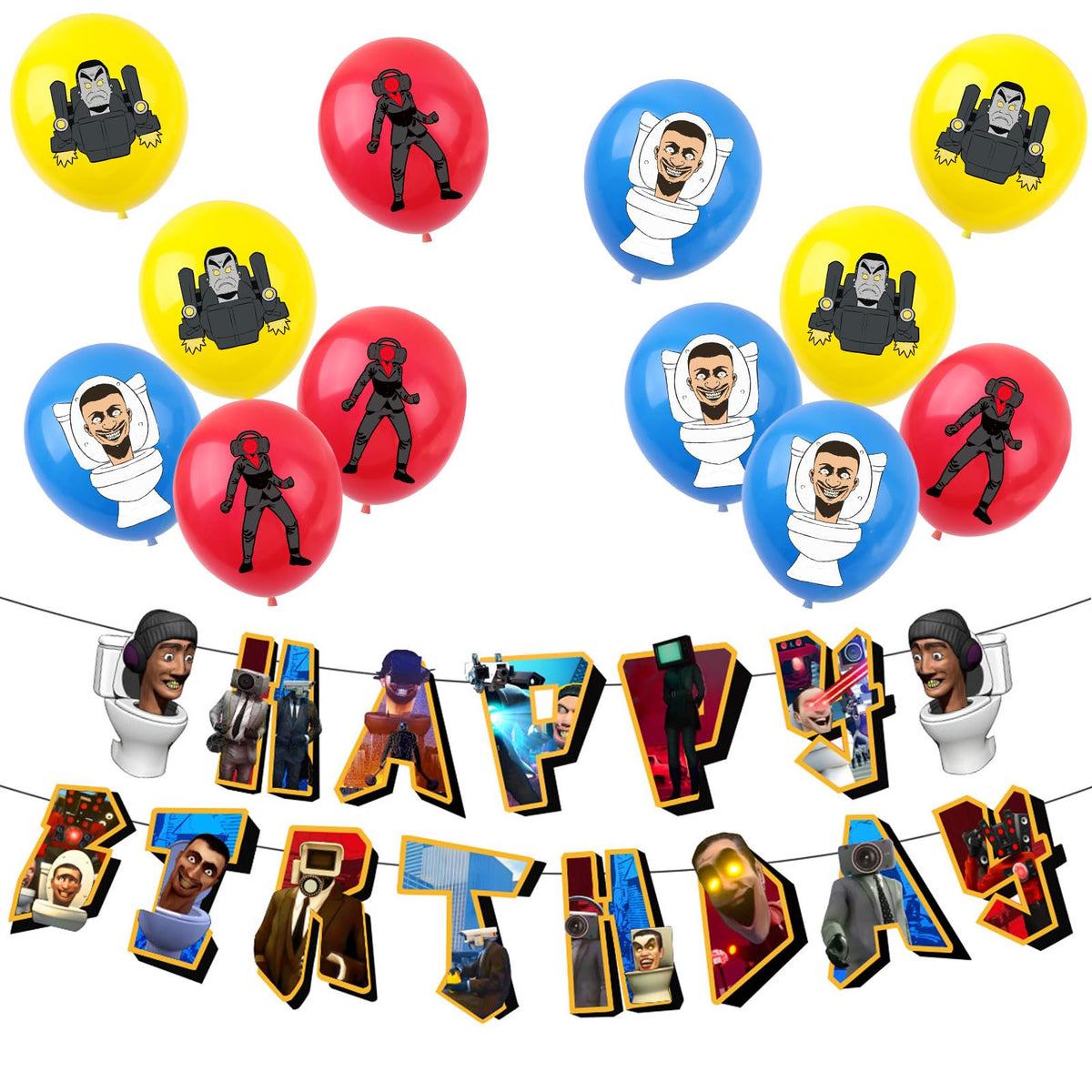 Skibidi Toilet Birthday Decorations Toilet Party Pack,1pcs Happy Birthday Figure Cameraman Titan Speakerman Woofer Man Banner and 12pcs 12inch Toilet Birthday Balloons for Kids Game Party Decorations