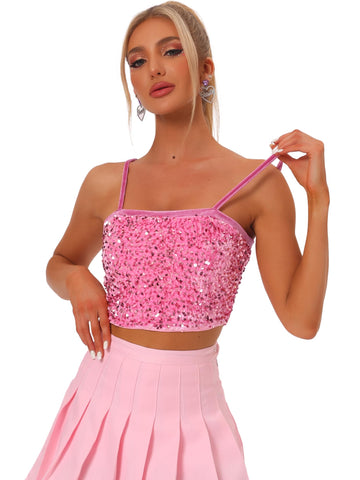 Allegra K Women's St. Patrick's Day Costumes Velvet Spaghetti Strap Glitter Sequin Tank Camisole Club Party Crop Cami Top Light Pink S