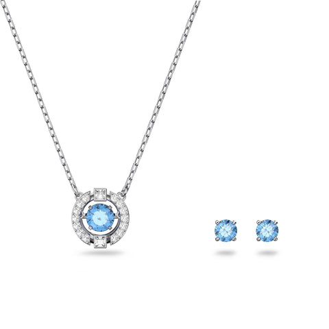 SWAROVSKI Una Round Pendant Necklace and Stud Pierced Earrings Set with Blue Crystals on a Rhodium Plated Setting