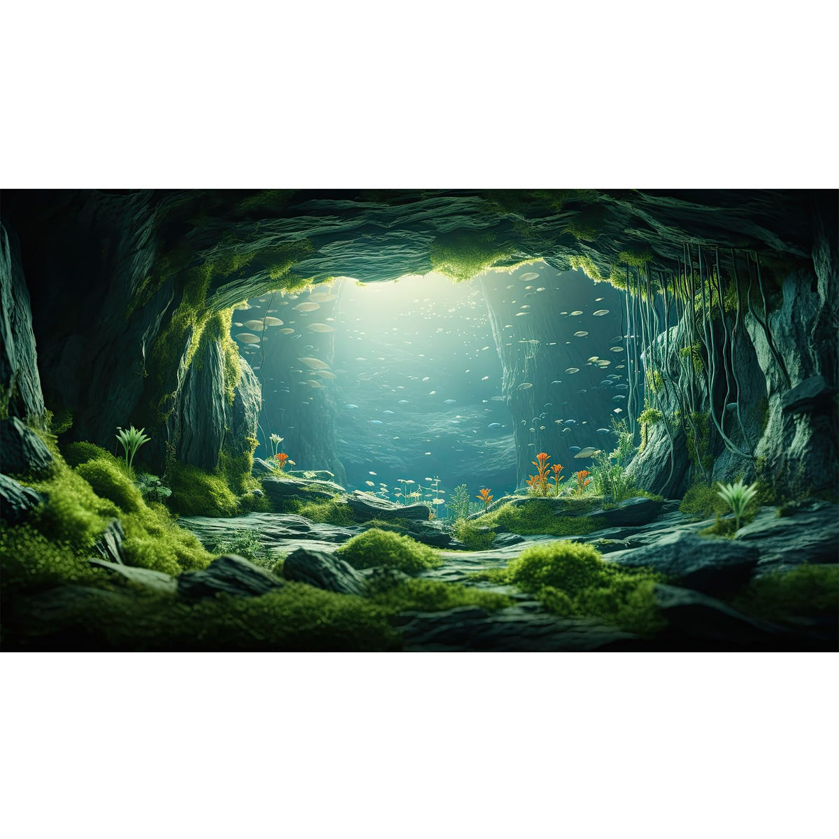 Aquarium Backdrop Underwater World Large Rock Terrarium Background Aquatic Plant with Lush Moss Fish Tank Backdrop Cave Landscape Reptile Habitat Background Tank Wallpaper Poster Vinyl 24x16in