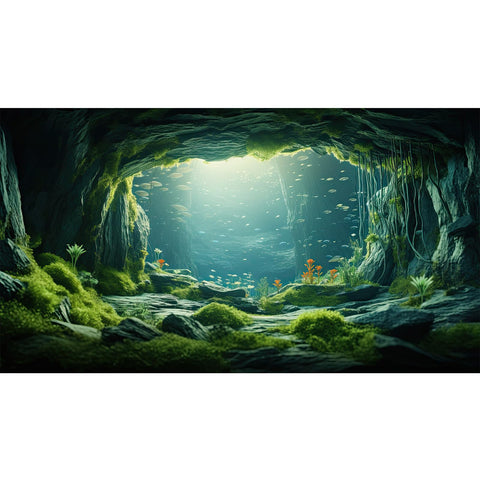 Aquarium Backdrop Underwater World Large Rock Terrarium Background Aquatic Plant with Lush Moss Fish Tank Backdrop Cave Landscape Reptile Habitat Background Tank Wallpaper Poster Vinyl 24x16in