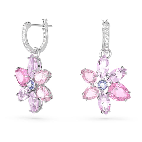 Swarovski Gema Flower Motif Drop Earrings with Purple Crystals in Mixed Cuts on Rhodium Finished Brass Hoop
