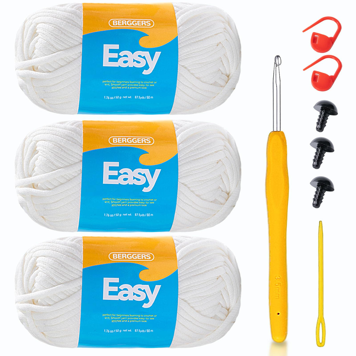 Berggers Soft Amigurumi Yarn for Crocheting with Easy-to-See Stitches Chunky Yarn Bulk, Knitting & Crochet Supplies for Beginner to Crochet Amigurumi and Others(3x50g)-White Yarn